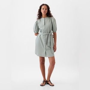 GAP Linen-Cotton Puff Sleeve Mini Shirtdress in "Frothy Aqua Green"